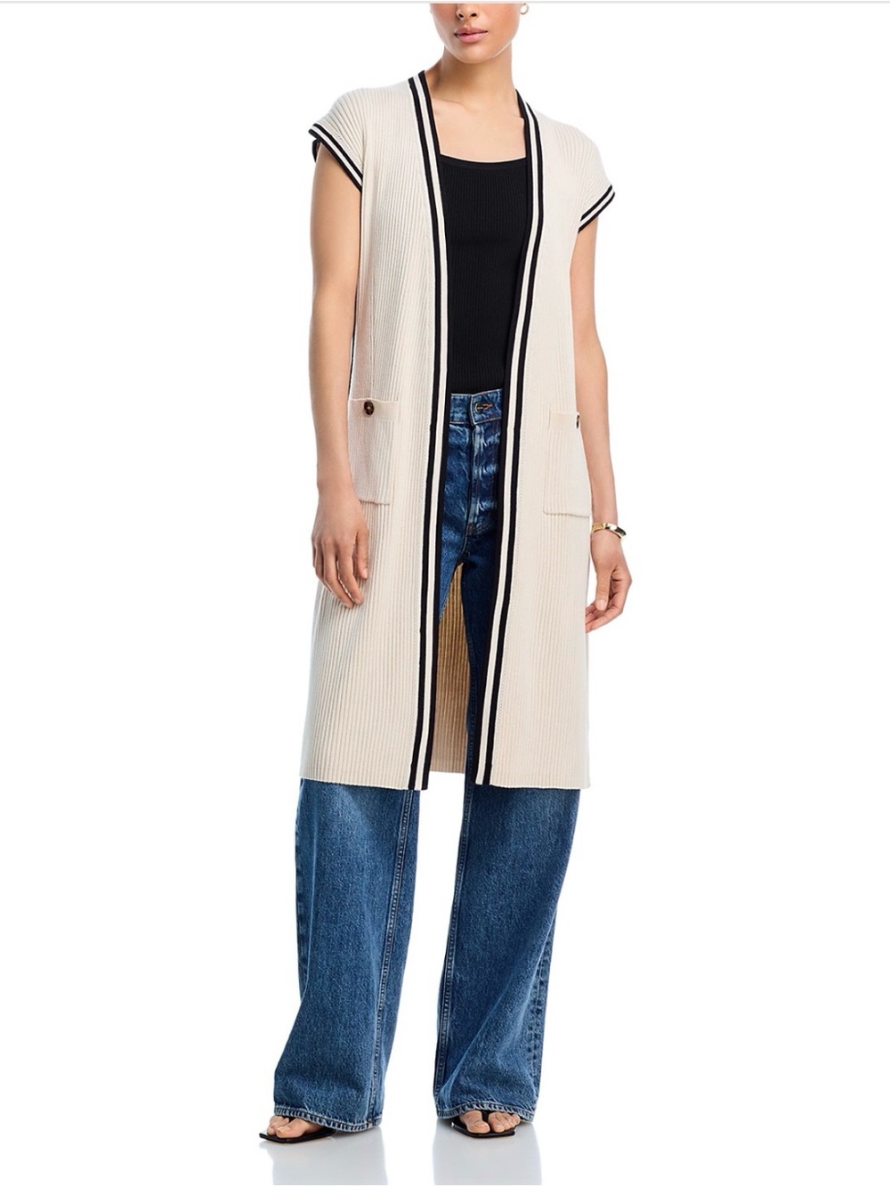 T Tahari Sleeveless Long Ribbed Cardigan Vest in Cream with Black Trim